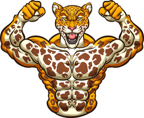 Strong jaguar mascot flexing arms front symmetric view. Vector cartoon clip art illustration with simple gradients. Head and body on separate layers. © Memoangeles