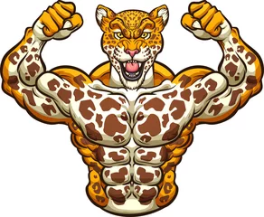 Foto op Plexiglas Strong jaguar mascot flexing arms front symmetric view. Vector cartoon clip art illustration with simple gradients. Head and body on separate layers. © Memoangeles