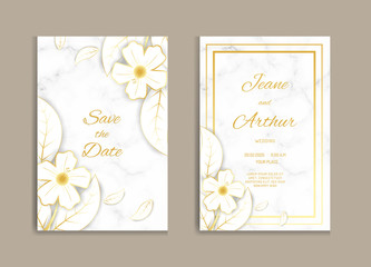 Elegant wedding invitation with flowers, leaves design, and marble textured background. Template vector image.