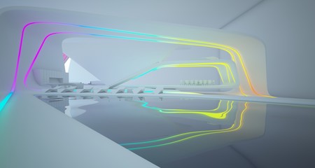 Abstract architectural white interior of a minimalist house with colored neon lighting. 3D illustration and rendering