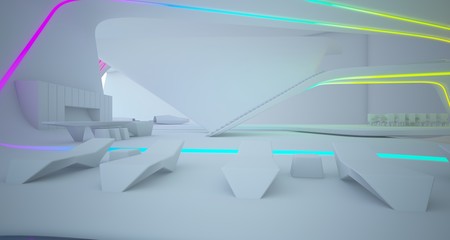 Abstract architectural white interior of a minimalist house with colored neon lighting. 3D illustration and rendering