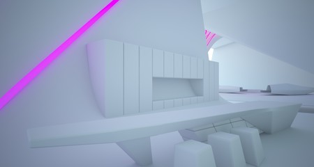 Obraz premium Abstract architectural white interior of a minimalist house with colored neon lighting. 3D illustration and rendering