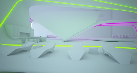 Abstract architectural white interior of a minimalist house with colored neon lighting. 3D illustration and rendering