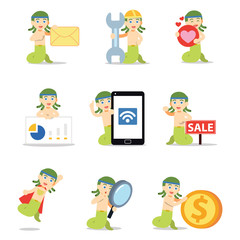 Set of character male medusa with snakes on his head.