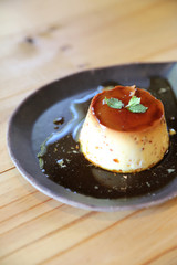 pudding on wood background japanese style