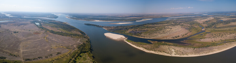 Aerial panorama of the river of Volga near the town of Akhtubinsk, Russia