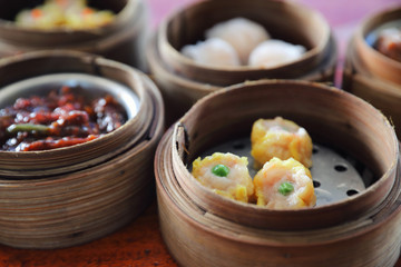Dim sum , Steam Dumpling in wood basket Chinese food