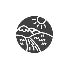 Rural landscape with mountains and hills vector icon. filled flat sign for mobile concept and web design. Mountains with road and sun glyph icon. Symbol, logo illustration. Vector graphics