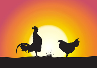 Silhouette of rooster and hen on sweet sunrise background vector illustration © shark749