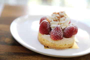 Strawberry cake sweet dessert on wood background