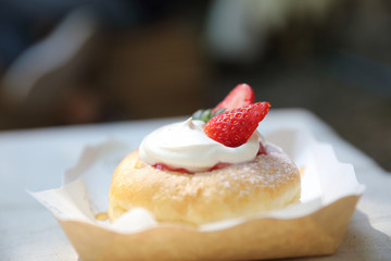 Strawberry cake sweet dessert on wood background