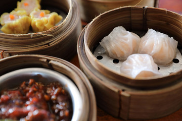 Dim sum , Steam Dumpling in wood basket Chinese food