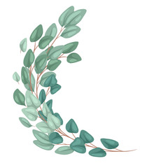 Frame with flat hand drawn eucalyptus populus and place for text. Engraving semicircular natural border with branches and foliage. Vector template for invitation, greeting cards and your design.