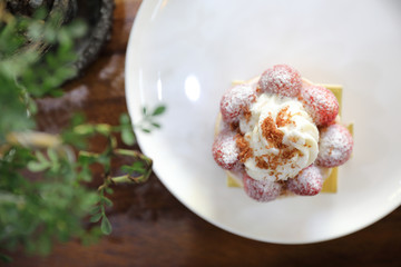 Strawberry cake sweet dessert on wood background