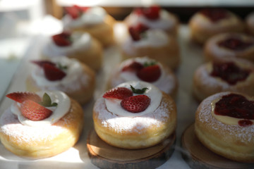 Strawberry cake sweet dessert on wood background
