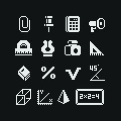 Mathematics pixel art icons, math set, stationery, paper clip, pin, calculator, ruler, percentage, graph,design for web, sticker, mobile app, isolated black and white vector illustration. Game assets.