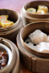 Dim sum , Steam Dumpling in wood basket Chinese food
