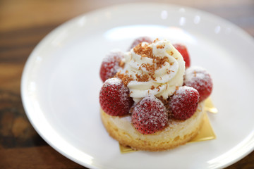 Strawberry cake sweet dessert on wood background