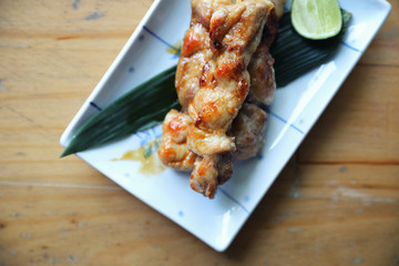 japanese food , Chicken yakitori on wood background