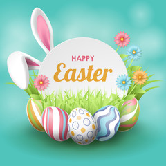 Happy Easter background with realistic painted eggs, grass, flowers, and rabbit ears. Vector illustration