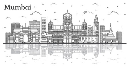 Outline Mumbai India City Skyline with Historic Buildings and Reflections Isolated on White.