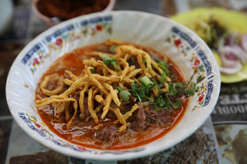 Northern Thai Curry Noodles soup , khao soi local thai street food