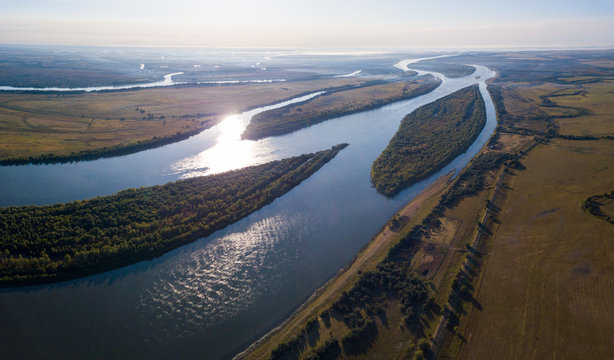Aerial panorama of the river of Buzan, Astrakhan Region, Russia