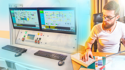 Control room and engineer. Optimization of the production management system. Equipment for the dispatcher's workplace. Managing an automated production system.