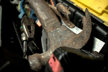 Rusty Old Used Tools inside a toolbox close up shot