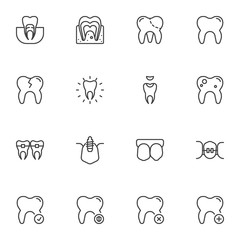 Dental health care line icons set. linear style symbols collection, Dentistry, stomatology outline signs pack. vector graphics. Set includes icons as implant tooth whitening, molar teeth, braces