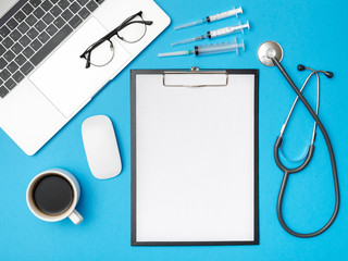 Medical healthcare background. Flat lay objects with copy space