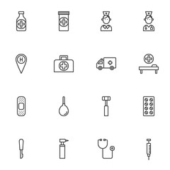 Medical healthcare line icons set. linear style symbols collection, outline signs pack. vector graphics. Set includes icons as doctor nurse, medicine pills, stethoscope, ambulance truck, hospital
