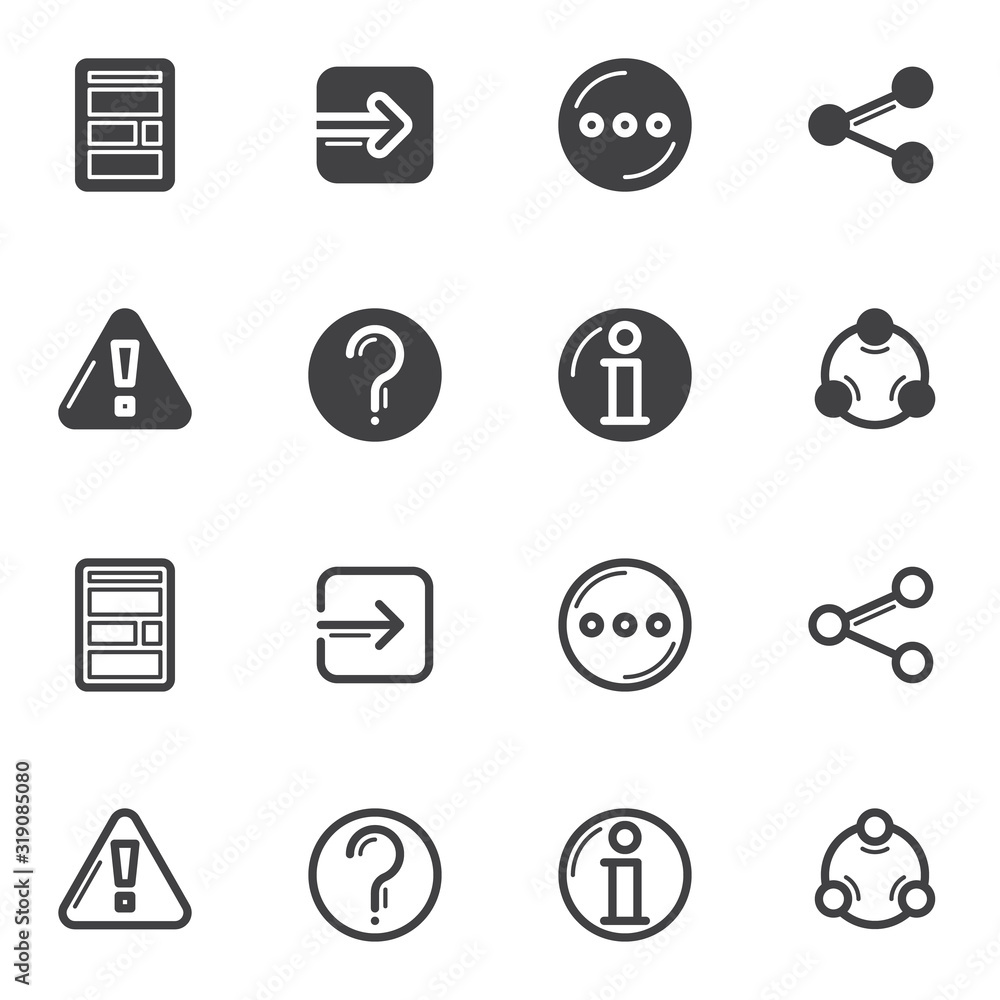 Aufkleber basic ui icon set. ui ux line and glyph version, outline and filled vector sign. linear and full pic