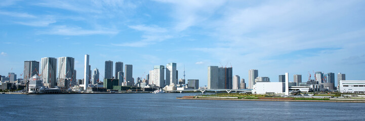 Fototapeta na wymiar Tokyo waterfront skyline and Skytree with copy space　東京湾と湾岸沿いのビル群 背景 スカイツリー