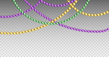 Fototapeta Vector illustration of Mardi Gras beads in traditional colors. Decorative glossy realistic elements for design Mardi Gras. Beads Isolated on transparent background. obraz