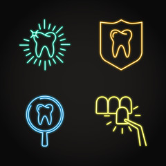 Teeth whitening and protection icon set in neon line style