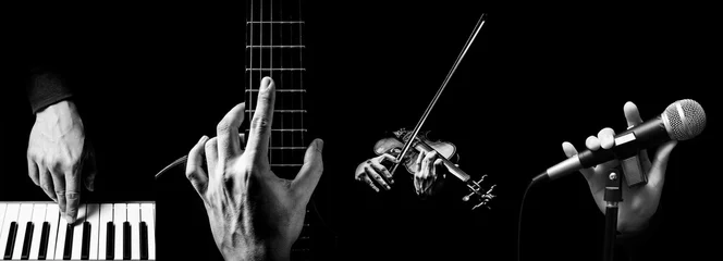 Zelfklevend Fotobehang four parts of musician hands playing musical instrument. music background © princeoflove