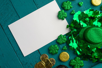 St. Patrick's Day background for congratulation, greeting card for design. Leprechaun coins, clover...