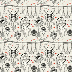 Seamless pattern dream catcher.Vintage bohemian drawing style.