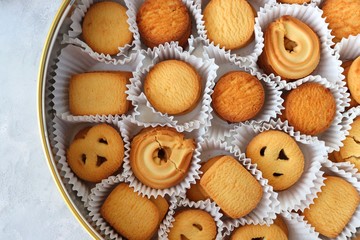 An overhead or flat lay view of Danish butter cookies in the traditional tin box. valentines day gift. with copy space