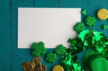 St. Patrick's Day background for congratulation, greeting card for design. Leprechaun coins, clover...