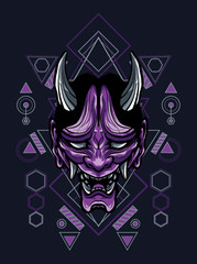 Oni japan mask with horns in sacred gemetry