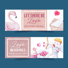 Love banner design with flamingo, letter, cupid watercolor illustration