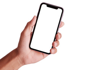 Studio shot of Hand holding Smartphone and Show white screen for your web site design, logo, app -include clipping path.