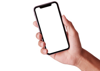 hand holding smartphone isolated on white background. white screen - Clipping Path