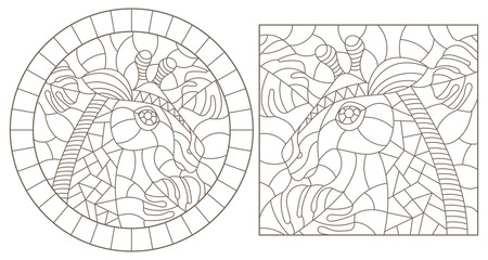 Obraz premium Set of contour illustrations of stained glass Windows with giraffe heads isolated on white background