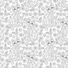 Seamless pattern with contour cats and flowers in stained glass style, dark outlines on a white background