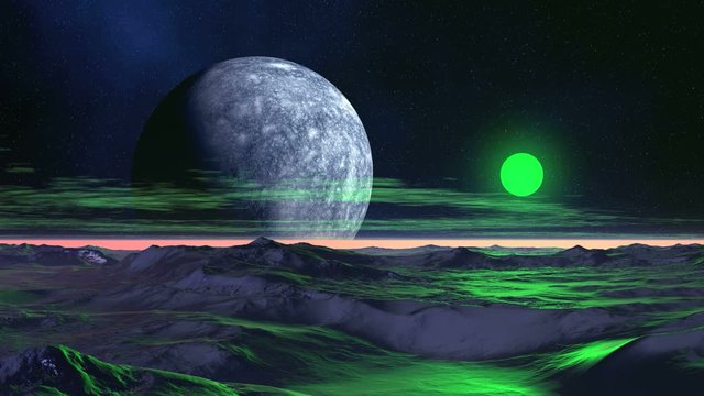 Green Sun Rising. On a dark starry sky huge moon. A green sun slowly rises over the misty horizon. Low clouds float. Desert landscape reflects the sun's light.