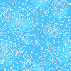 Seamless pattern with  narcissuses and butterflies, white contoured flowers and butterflies on blue background