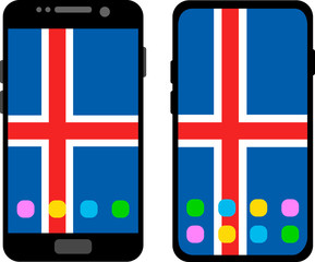 Two black smartphones with a home screen and wallpaper with the flag of Iceland: old model with gray buttons and new model without buttons. Vector graphics, illustration